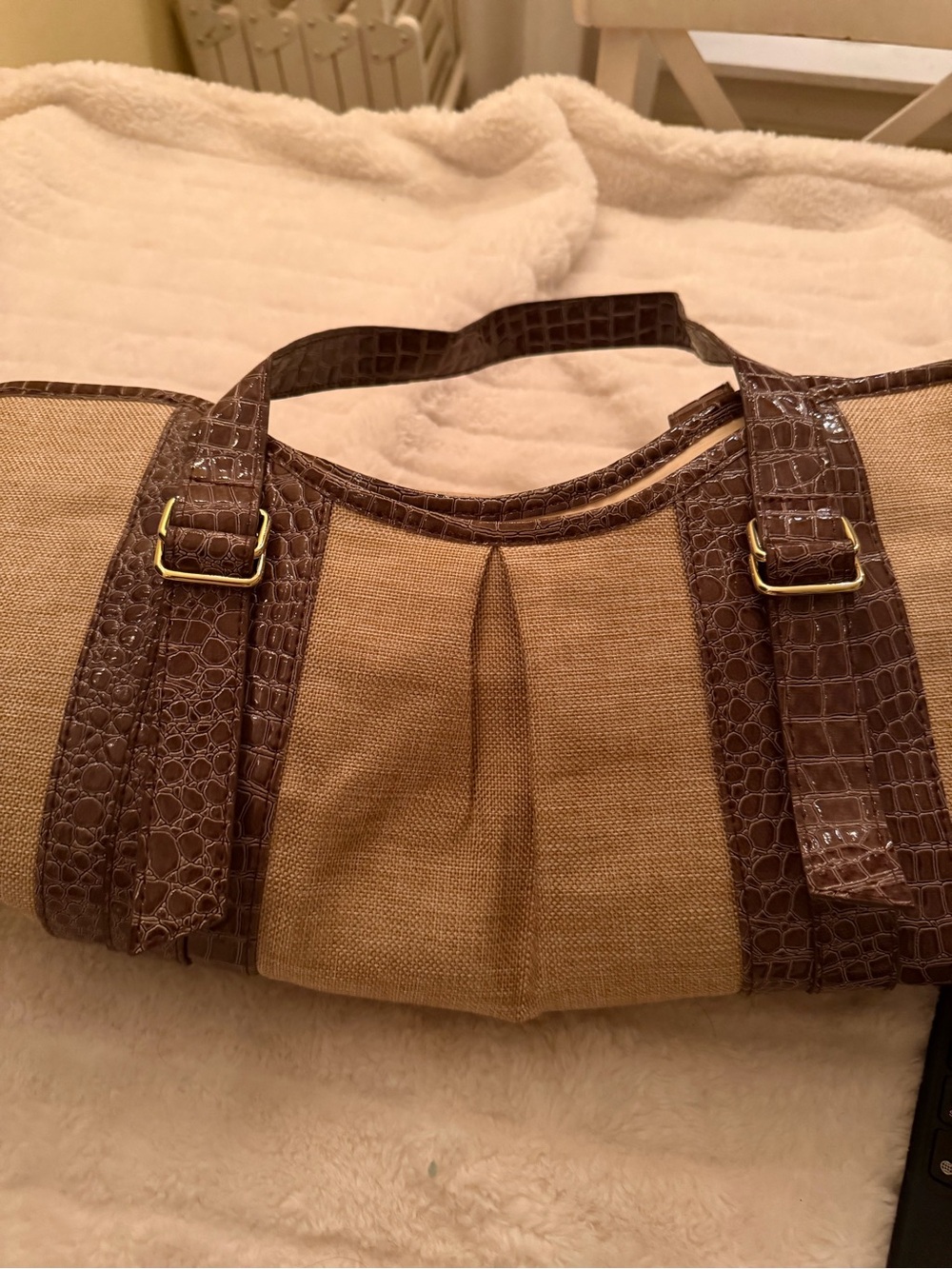 Estee Lauder Brown Canvas Tote with Croc-Texture Trim